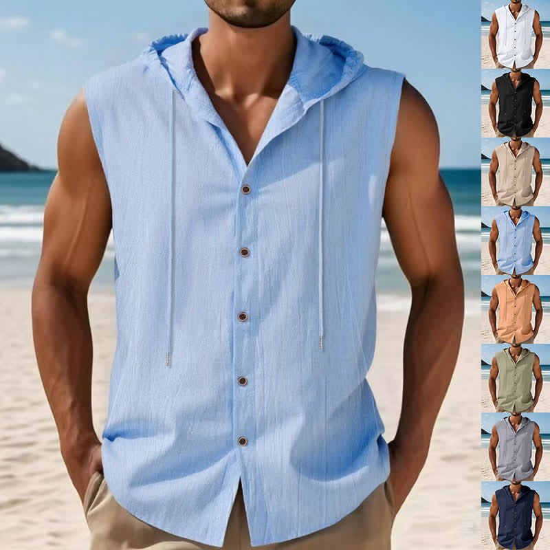 Buddha Stones Summer Casual Minimalist Button-Up Drawstring Solid Tank Top Men's Sleeveless Shirts - LightBlue - US/UK/AU46, EU56 (3XL) - image 0
