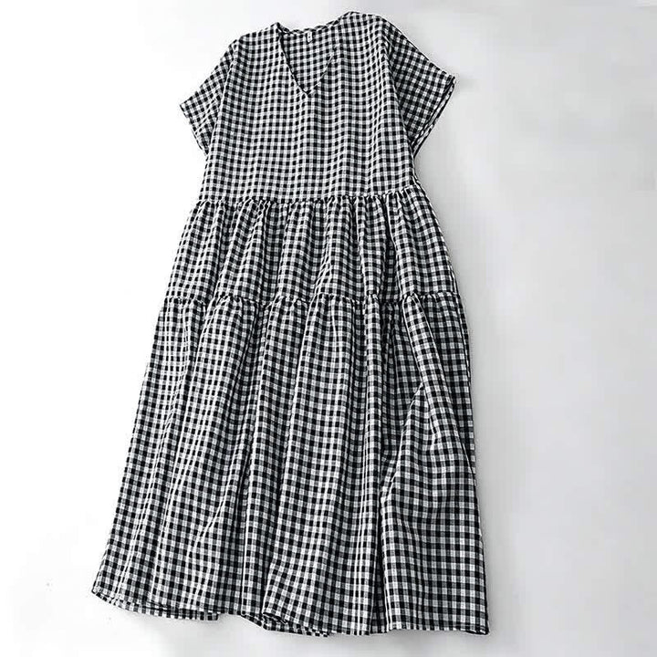 Buddha Stones Summer Vintage Plaid V-Neck Women's Short Sleeve Dress With Pocket - image 4
