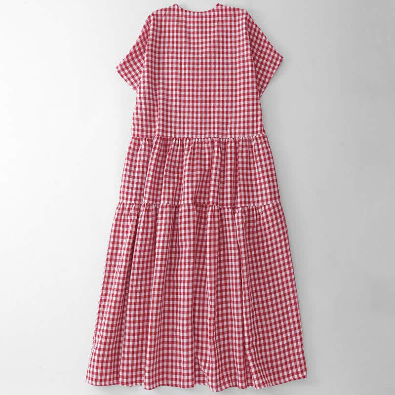 Buddha Stones Summer Vintage Plaid V-Neck Women's Short Sleeve Dress With Pocket - image 1