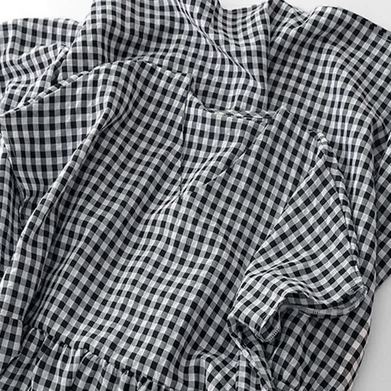 Buddha Stones Summer Vintage Plaid V-Neck Women's Short Sleeve Dress With Pocket - image 5