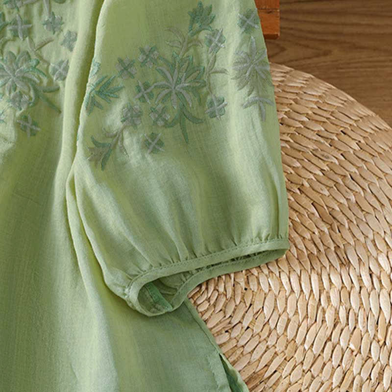 Buddha Stones Summer Casual Vintage Embroidery Floral Women's Short Sleeve Shirts - image 5