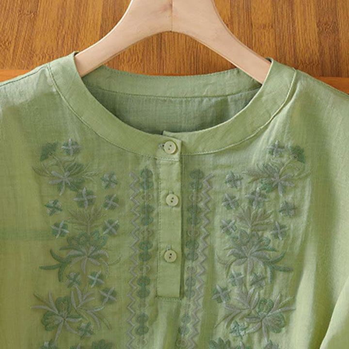 Buddha Stones Summer Casual Vintage Embroidery Floral Women's Short Sleeve Shirts - image 2