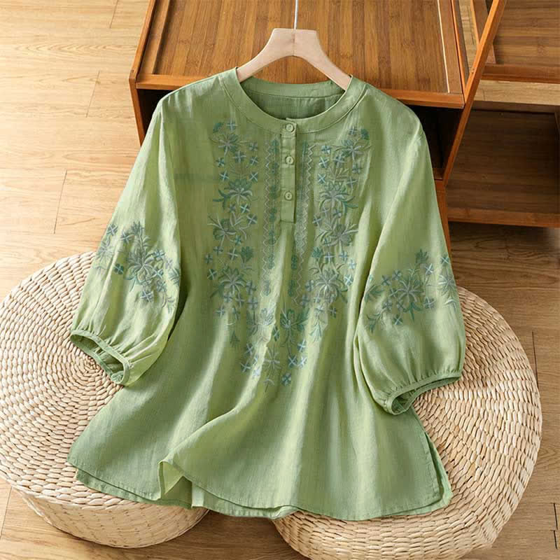 Buddha Stones Summer Casual Vintage Embroidery Floral Women's Short Sleeve Shirts - PaleGreen - US8-10, UK/AU12-14, EU40-42 (2XL) - image 0