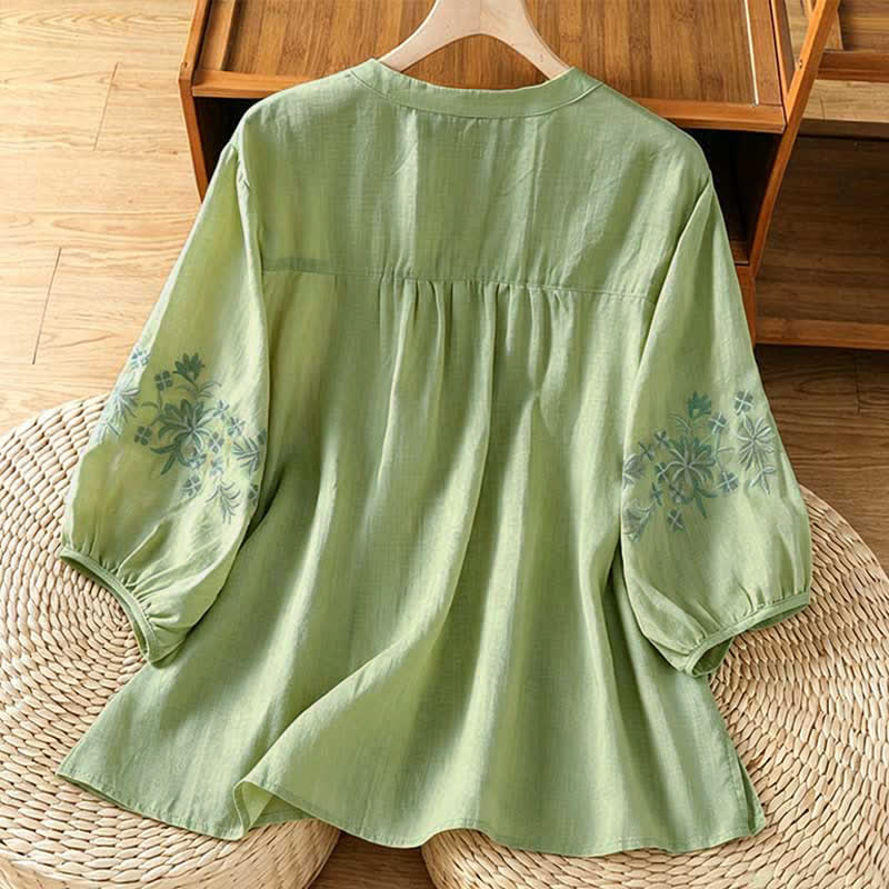 Buddha Stones Summer Casual Vintage Embroidery Floral Women's Short Sleeve Shirts - image 1