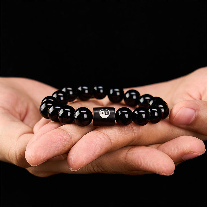 Buddha Stones Ebony Wood Yin Yang Balance Inlaid Barrel Bead Bracelet - image 10