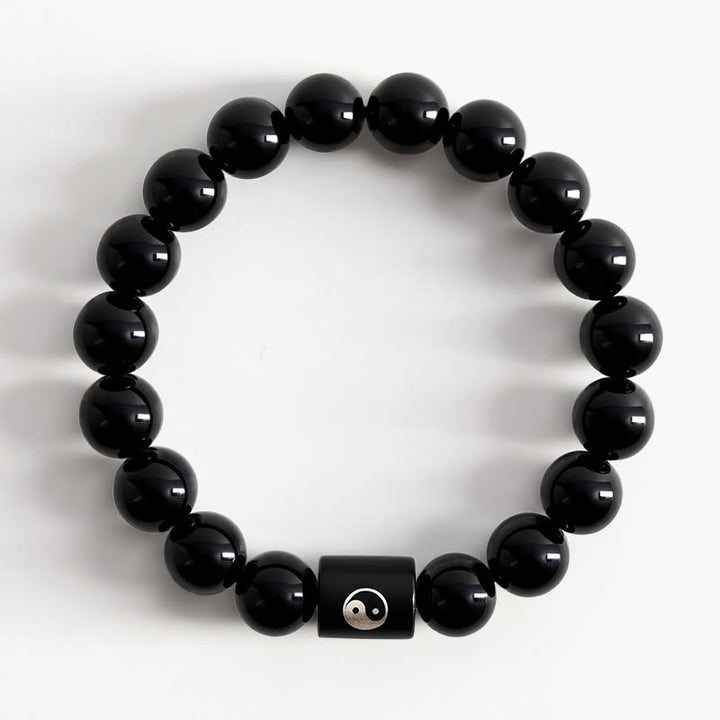 Buddha Stones Ebony Wood Yin Yang Balance Inlaid Barrel Bead Bracelet - image 1