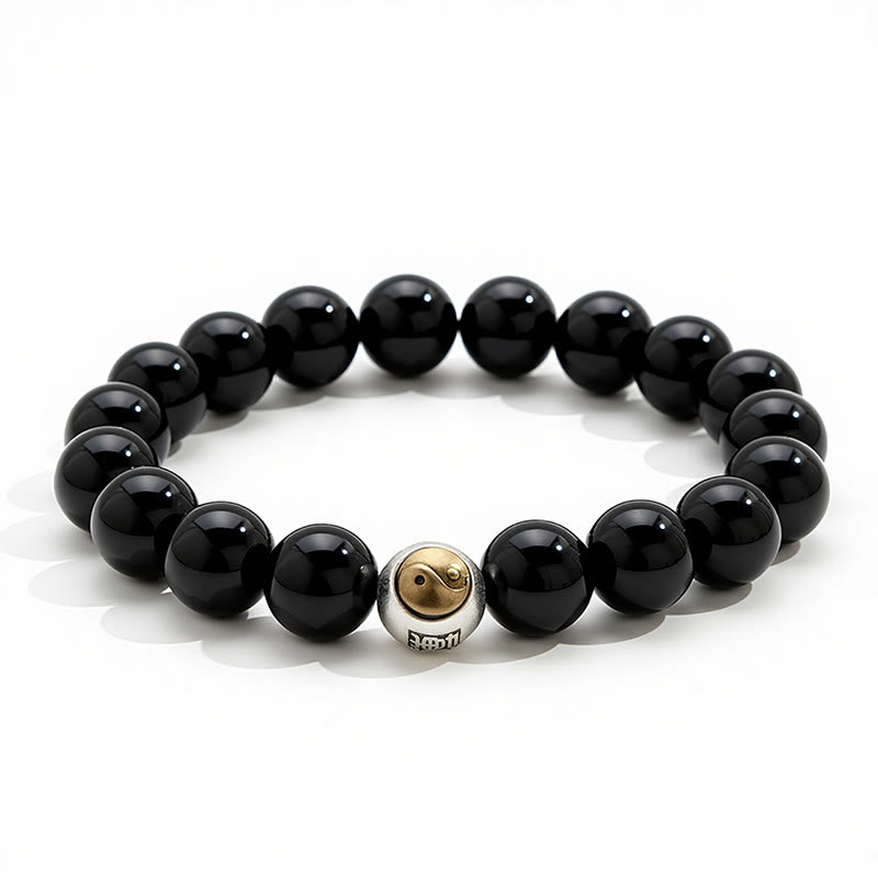 Buddha Stones Black Obsidian Yin Yang Balance Vintage Round Beaded Bracelet - image 2