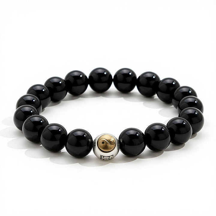 Buddha Stones Black Obsidian Yin Yang Balance Vintage Round Beaded Bracelet - image 2