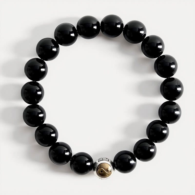 Buddha Stones Black Obsidian Yin Yang Balance Vintage Round Beaded Bracelet - image 3