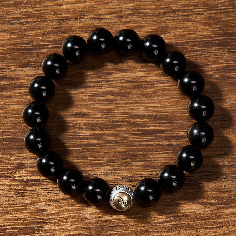 Buddha Stones Black Obsidian Yin Yang Balance Vintage Round Beaded Bracelet - image 1
