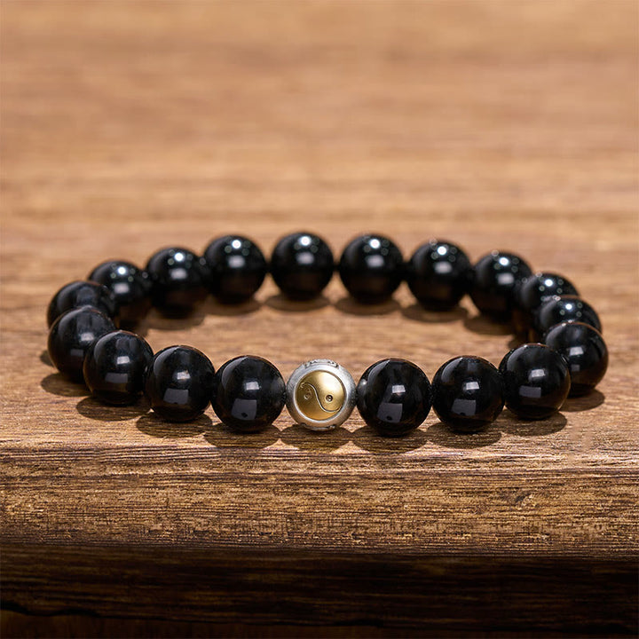 Buddha Stones Black Obsidian Yin Yang Balance Vintage Round Beaded Bracelet - Yin Yang(Balance ♥ Harmony) - image 0