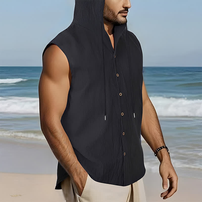 Buddha Stones Summer Casual Minimalist Button-Up Drawstring Solid Tank Top Men's Sleeveless Shirts - image 8