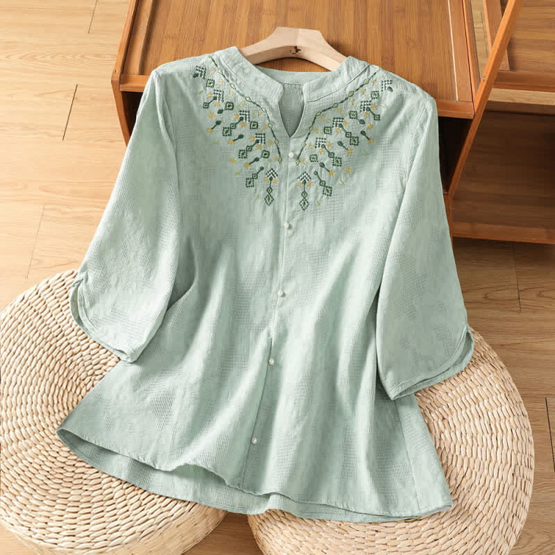 Buddha Stones Summer Casual Boho Geometry Embroidery Floral V-Neck Women's Three-Quarter Sleeve Shirts - PaleGreen - US12, UK/AU16, EU44 (3XL) - image 0