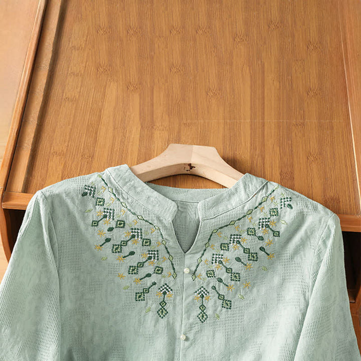 Buddha Stones Summer Casual Boho Geometry Embroidery Floral V-Neck Women's Three-Quarter Sleeve Shirts - image 2