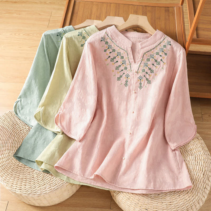 Buddha Stones Summer Casual Boho Geometry Embroidery Floral V-Neck Women's Three-Quarter Sleeve Shirts - image 22
