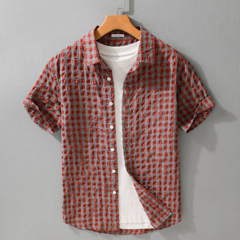 Buddha Stones Summer Casual Vintage Button-Up Plaid Men's Short Sleeve Shirts - IndianRed - US/UK/AU42, EU52 (3XL) - image 3