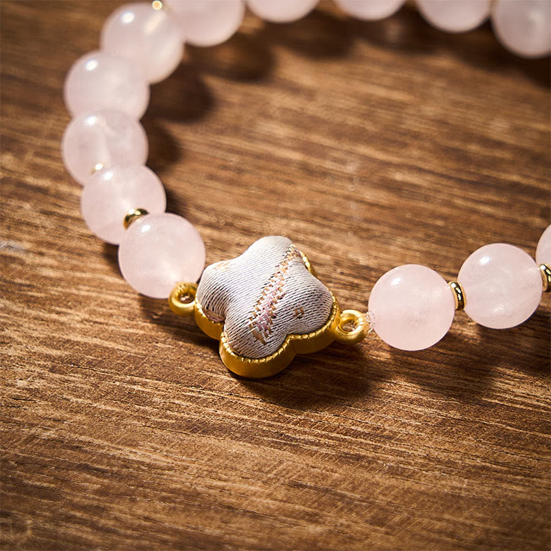 Buddha Stones Rose Quartz Song Brocade Four-leaf Clover Blessing Handmade Charm Bracelet - image 3