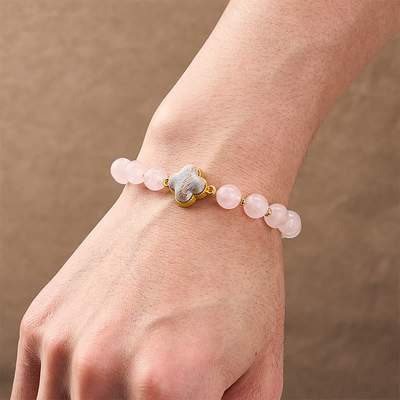 Buddha Stones Rose Quartz Song Brocade Four-leaf Clover Blessing Handmade Charm Bracelet - image 4