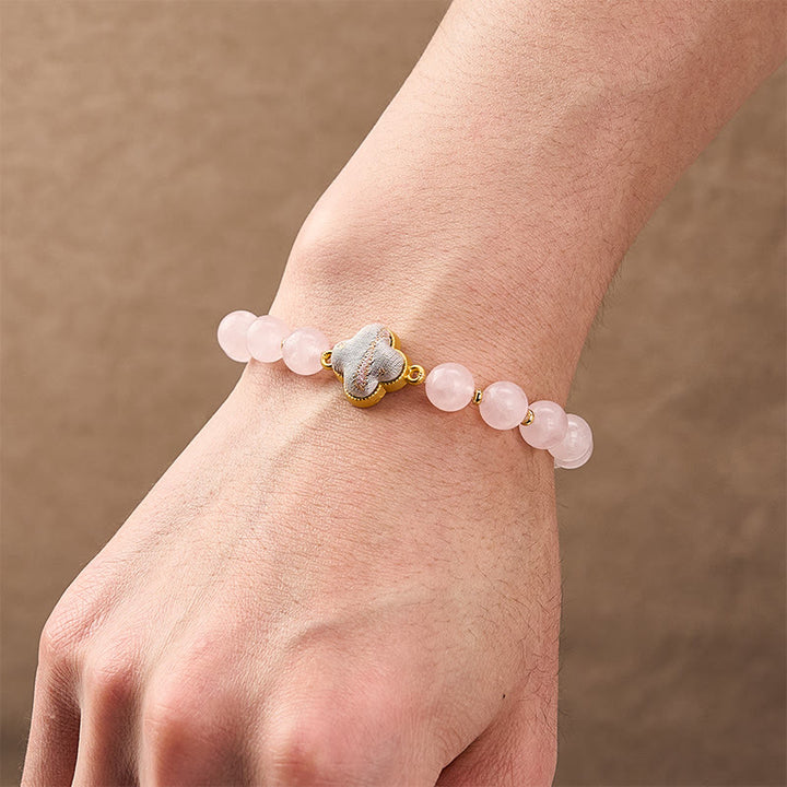 Buddha Stones Rose Quartz Song Brocade Four-leaf Clover Blessing Handmade Charm Bracelet - image 4