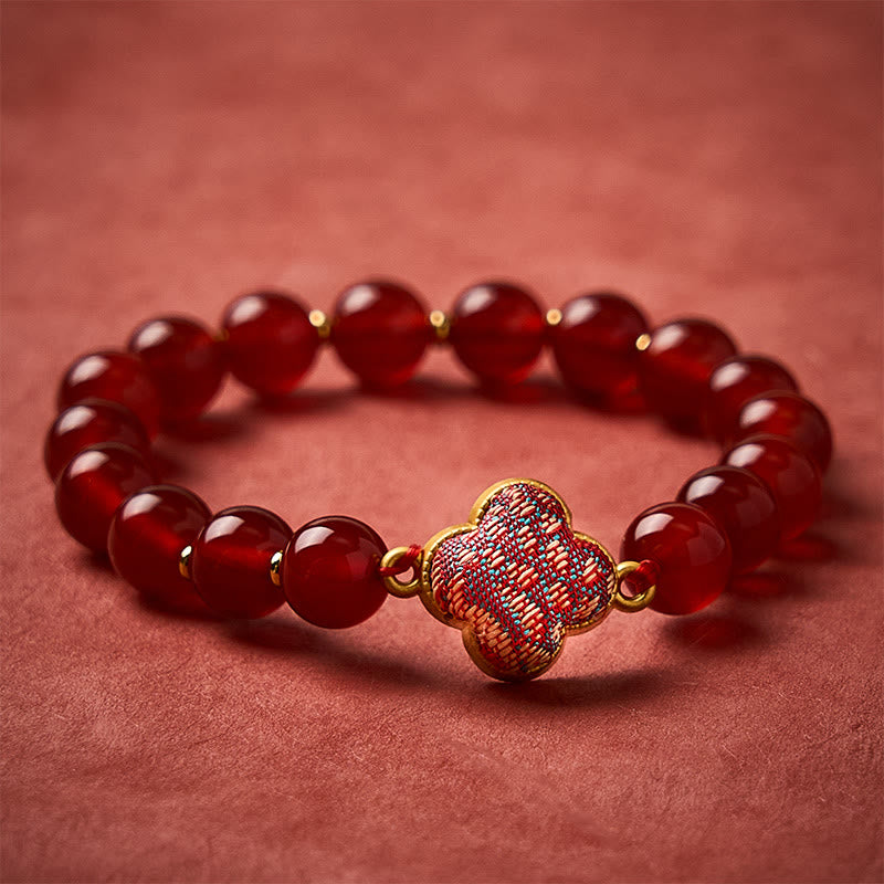 Buddha Stones Red Agate Song Brocade Four-leaf Clover Blessing Charm Bracelet - Red Agate (Same Color Tone – Pattern Varies) - image 0