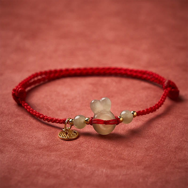 Buddha Stones Hetian Jade Rabbit-Head Peace Buckle Fu Character Grounding Red String Vintage Bracelet - image 1