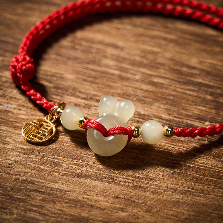 Buddha Stones Hetian Jade Rabbit-Head Peace Buckle Fu Character Grounding Red String Vintage Bracelet - image 4