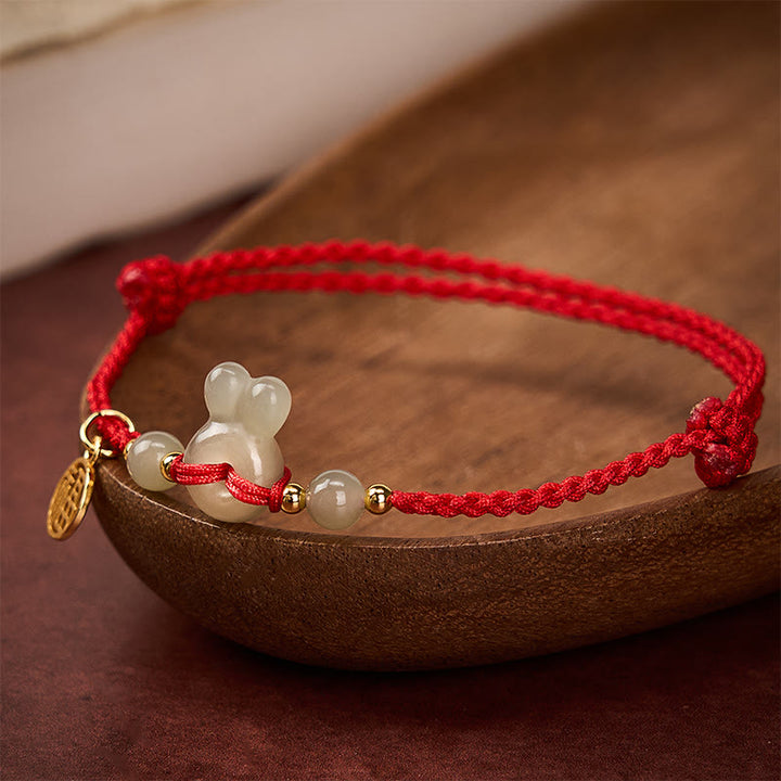 Buddha Stones Hetian Jade Rabbit-Head Peace Buckle Fu Character Grounding Red String Vintage Bracelet - image 3