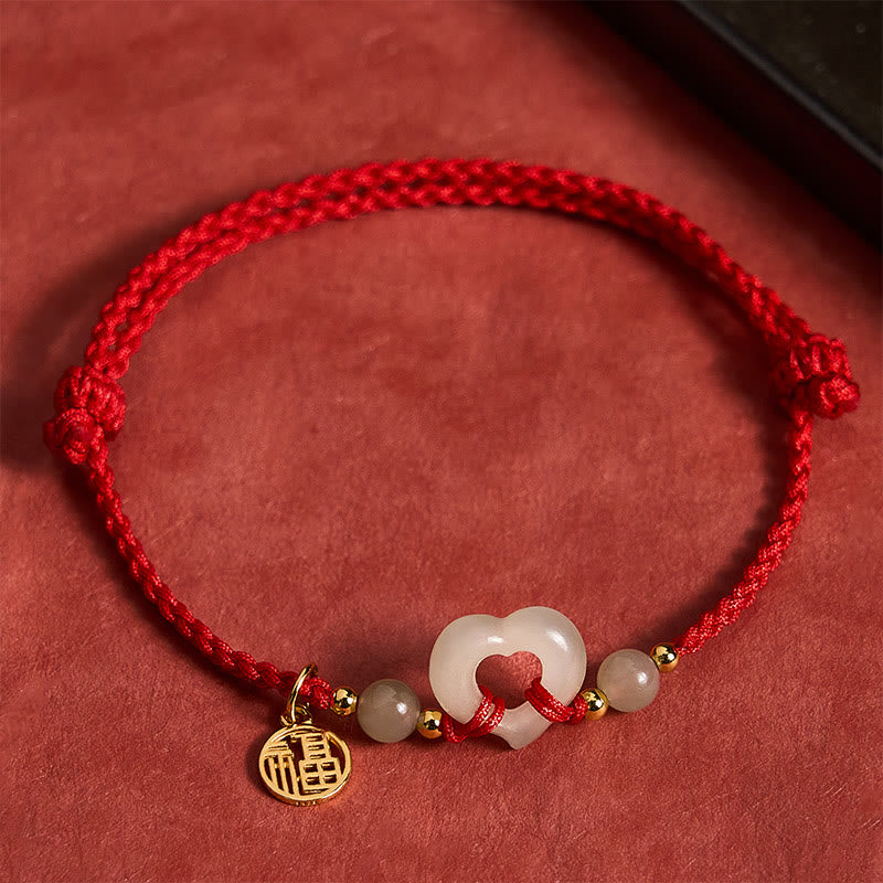 Buddha Stones Hetian Jade Heart Ring Fu Character Protection Bracelet - Natural Jade(Color May Vary) - image 0