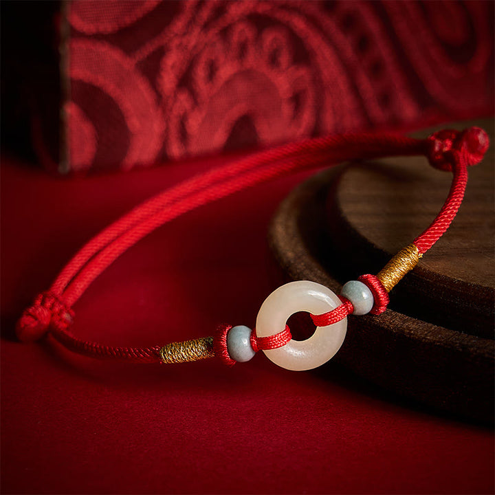 Buddha Stones Hetian Jade Peace Buckle Protection Red String Bracelet - Natural Jade(Color May Vary) - image 0