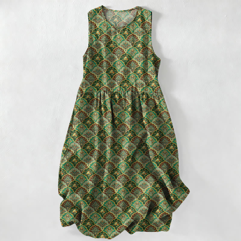 Buddha Stones Summer Casual Vintage Persian Floral Pattern Women's Summer Sleeveless Midi Dress With Pockets - DarkOliveGreen - US16，UK/AU20，EU48 (3XL) - image 4