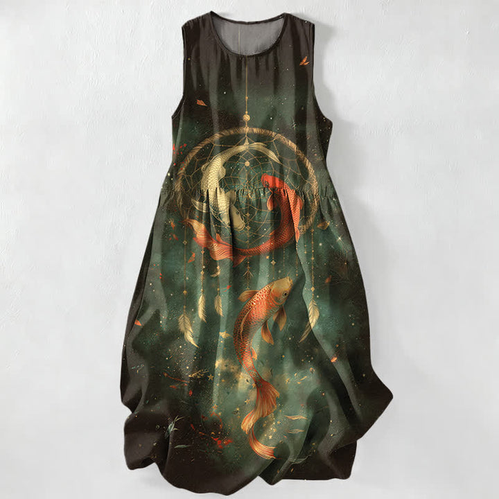 Buddha Stones Summer Casual Twin Koi Fish Feather Pattern Women's Summer Sleeveless Midi Dress With Pockets - DarkGreen - US16，UK/AU20，EU48 (3XL) - image 5