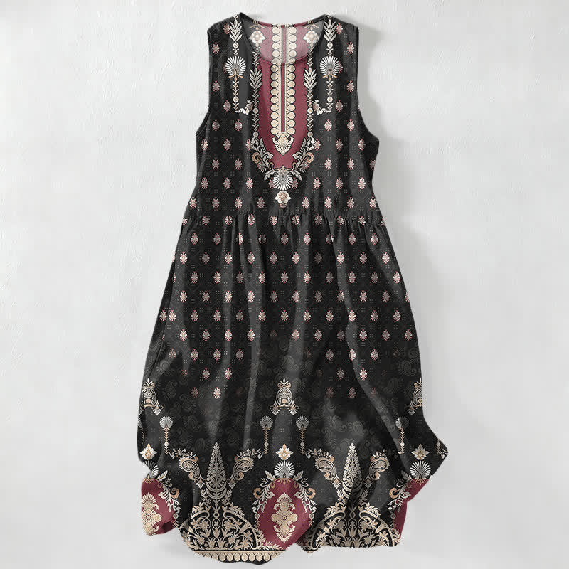 Buddha Stones Summer Casual Pink Ethnic Floral Pattern Women's Summer Sleeveless Midi Dress With Pockets - Black - US16，UK/AU20，EU48 (3XL) - image 0