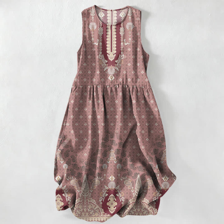 Buddha Stones Summer Casual Pink Ethnic Floral Pattern Women's Summer Sleeveless Midi Dress With Pockets - RosyBrown - US16，UK/AU20，EU48 (3XL) - image 5