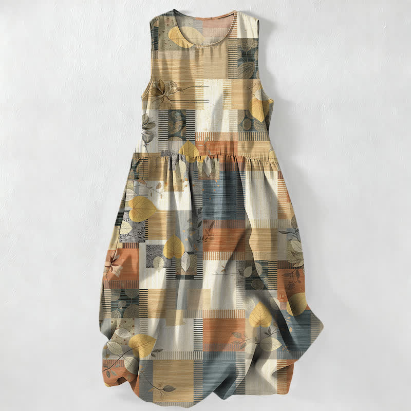 Buddha Stones Summer Casual Patchwork Leaf Geometric Pattern Women's Summer Sleeveless Midi Dress With Pockets - Tan - US16，UK/AU20，EU48 (3XL) - image 0