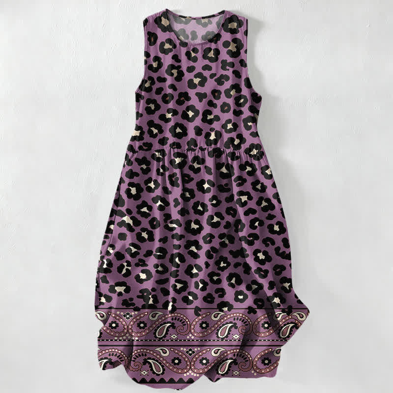Buddha Stones Summer Casual Vintage Leopard Paisley Border Pattern Women's Summer Sleeveless Midi Dress With Pockets - MediumPurple - US16，UK/AU20，EU48 (3XL) - image 4