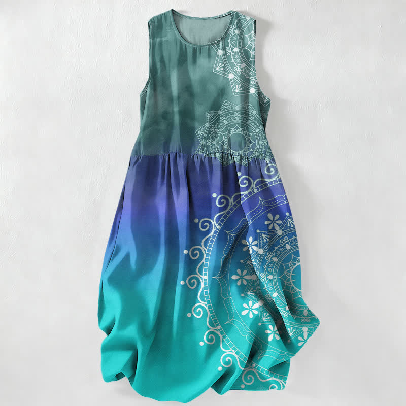 Buddha Stones Summer Casual Boho Mandala Ombre Pattern Women's Summer Sleeveless Midi Dress With Pockets - LightSeaGreen - US16，UK/AU20，EU48 (3XL) - image 0