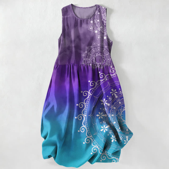 Buddha Stones Summer Casual Boho Mandala Ombre Pattern Women's Summer Sleeveless Midi Dress With Pockets - BlueViolet - US16，UK/AU20，EU48 (3XL) - image 4