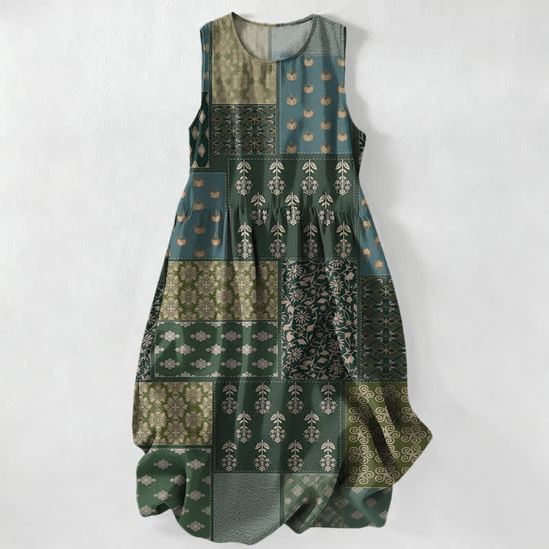 Buddha Stones Summer Casual Vintage Patchwork Floral Leaves Pattern Women's Summer Sleeveless Midi Dress With Pockets - DarkOliveGreen - US16，UK/AU20，EU48 (3XL) - image 0