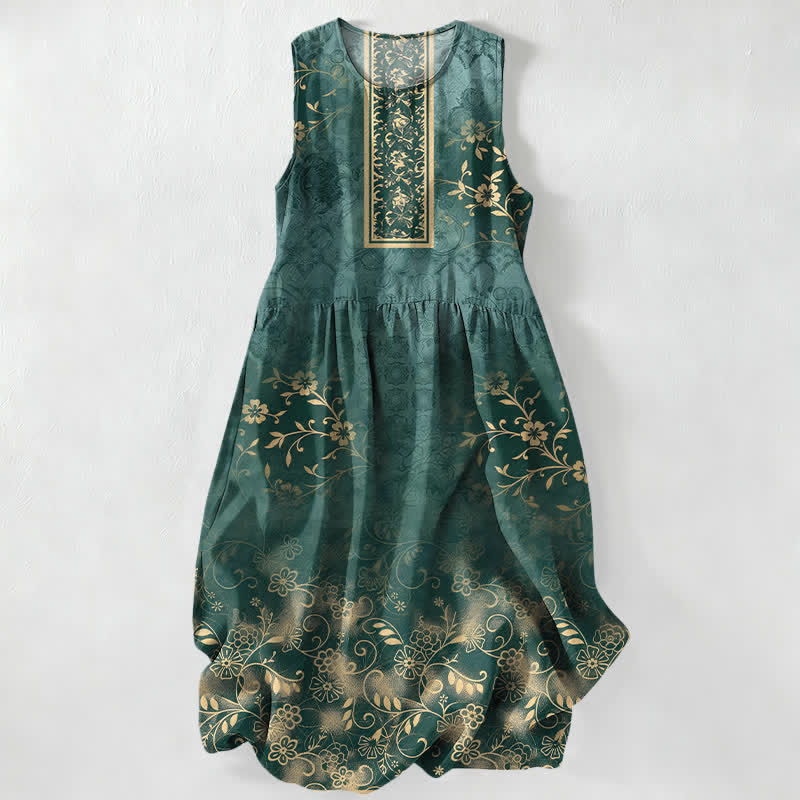 Buddha Stones Summer Casual Vintage Floral Vine Pattern Women's Summer Sleeveless Midi Dress With Pockets - SeaGreen - US16，UK/AU20，EU48 (3XL) - image 0