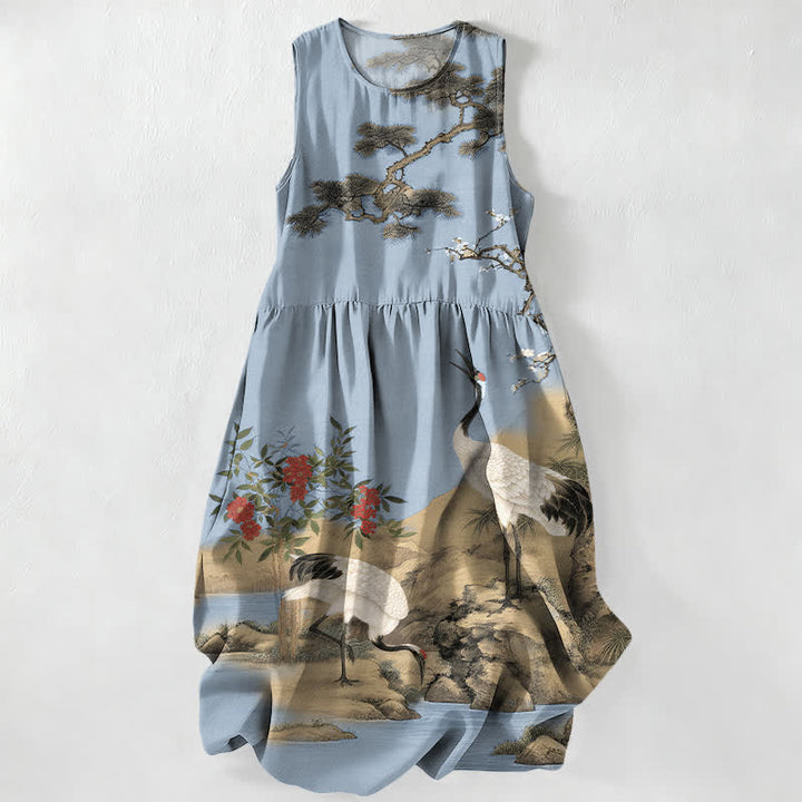 Buddha Stones Summer Casual Red Flower Crane Plum Blossom Pine Branches Pattern Women's Summer Sleeveless Midi Dress With Pockets - LightSteelBlue - US16，UK/AU20，EU48 (3XL) - image 4