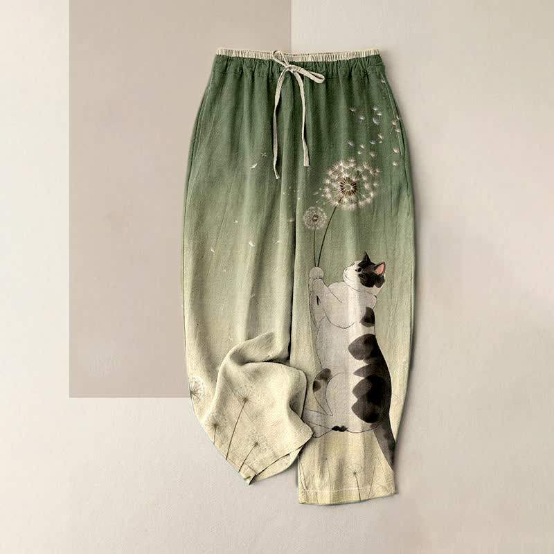 Buddha Stones Pure Cotton Dreamy Cow Cat Dandelion Pattern Women's Elastic Waist Pants With Pockets - OliveDrab - US16，UK/AU20，EU48 (3XL) - image 3