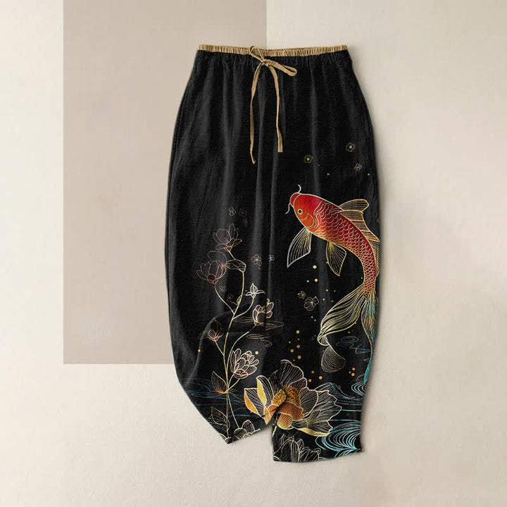 Buddha Stones Pure Cotton Koi Fish Gold Lotus Pattern Women's Elastic Waist Pants With Pockets - Black - US16，UK/AU20，EU48 (3XL) - image 0