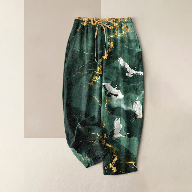 Buddha Stones Pure Cotton Elegant White Crane Gold Pattern Women's Elastic Waist Pants With Pockets - DarkCyan - US16，UK/AU20，EU48 (3XL) - image 0