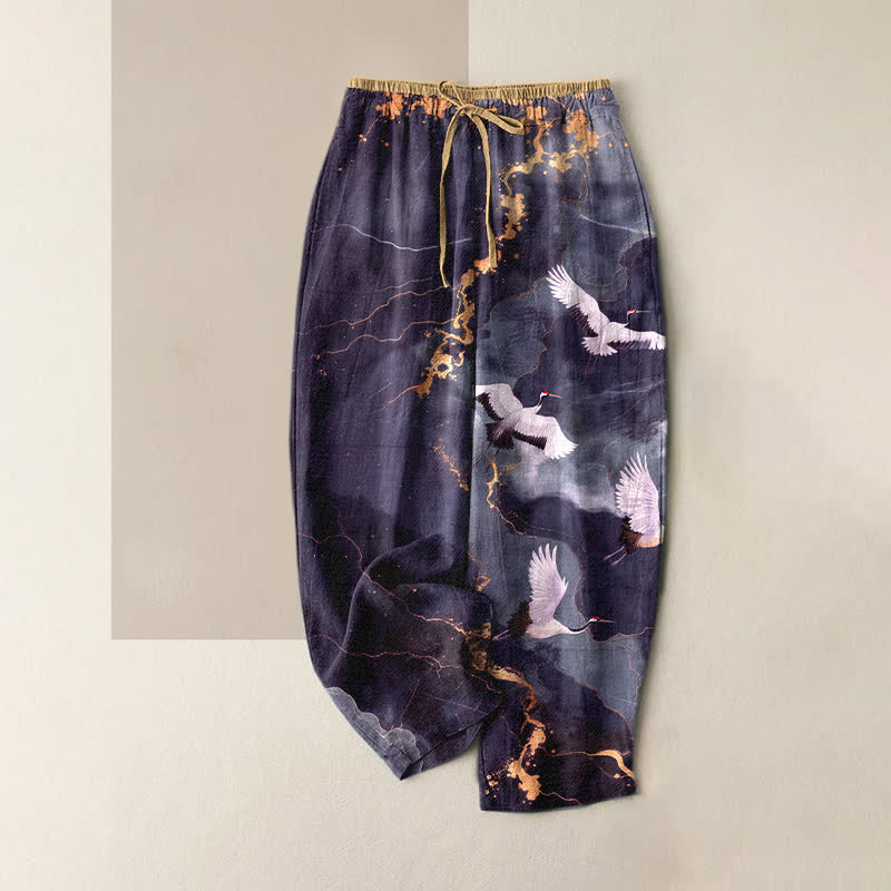 Buddha Stones Pure Cotton Elegant White Crane Gold Pattern Women's Elastic Waist Pants With Pockets - BlueViolet - US16，UK/AU20，EU48 (3XL) - image 5