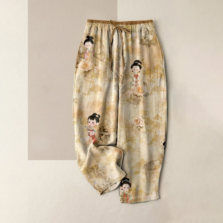 Buddha Stones Pure Cotton Vintage Geisha Floral Pattern Women's Elastic Waist Pants With Pockets - BurlyWood - US16，UK/AU20，EU48 (3XL) - image 0
