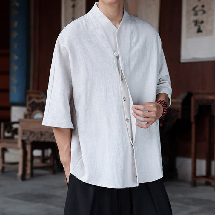 Buddha Stones Spring Summer Tang Style Minimalist Pankou Solid Men's Elbow-Length Shirts - image 23