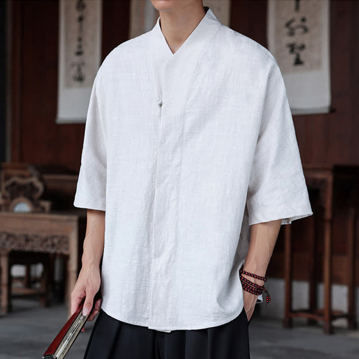 Buddha Stones Spring Summer Tang Style Minimalist Pankou Solid Men's Elbow-Length Shirts - image 24