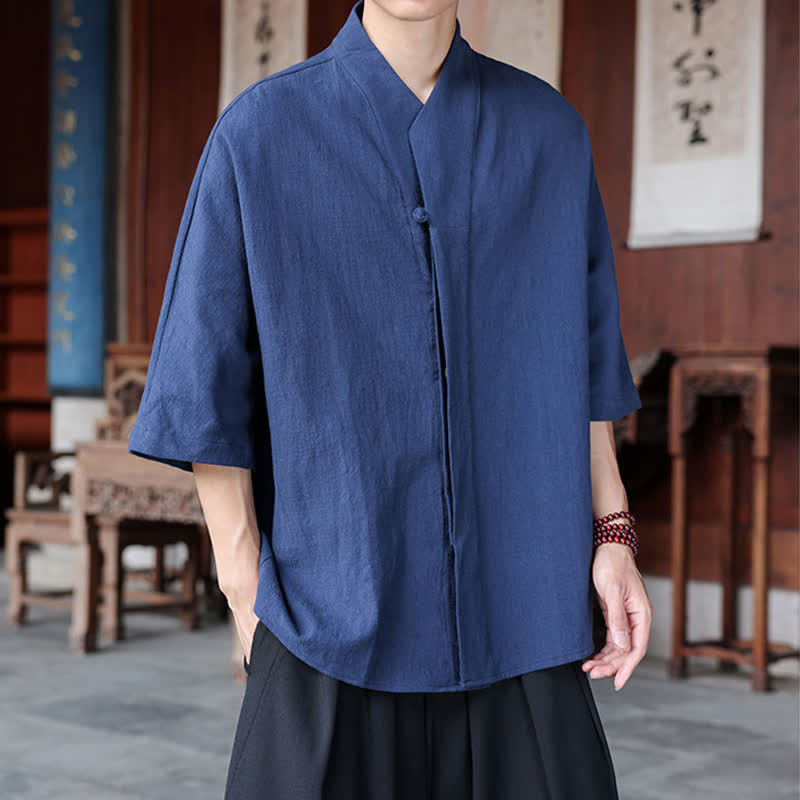 Buddha Stones Spring Summer Tang Style Minimalist Pankou Solid Men's Elbow-Length Shirts - image 2