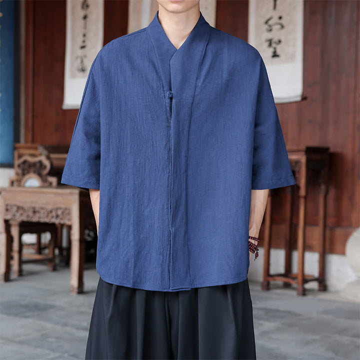 Buddha Stones Spring Summer Tang Style Minimalist Pankou Solid Men's Elbow-Length Shirts - SteelBlue - US/UK/AU46，EU56 (5XL) - image 0