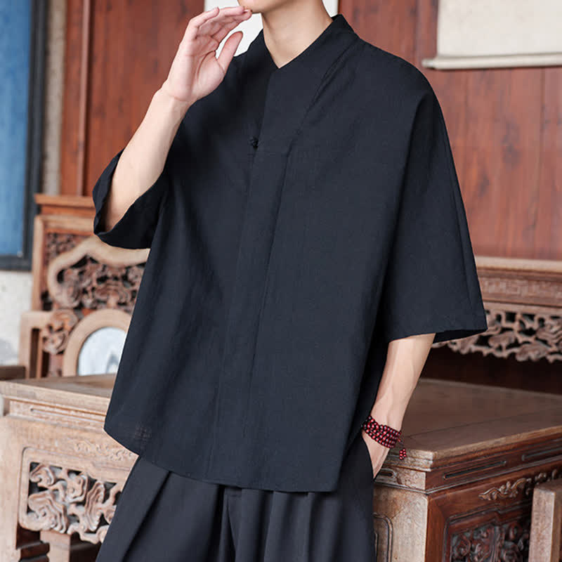 Buddha Stones Spring Summer Tang Style Minimalist Pankou Solid Men's Elbow-Length Shirts - image 15